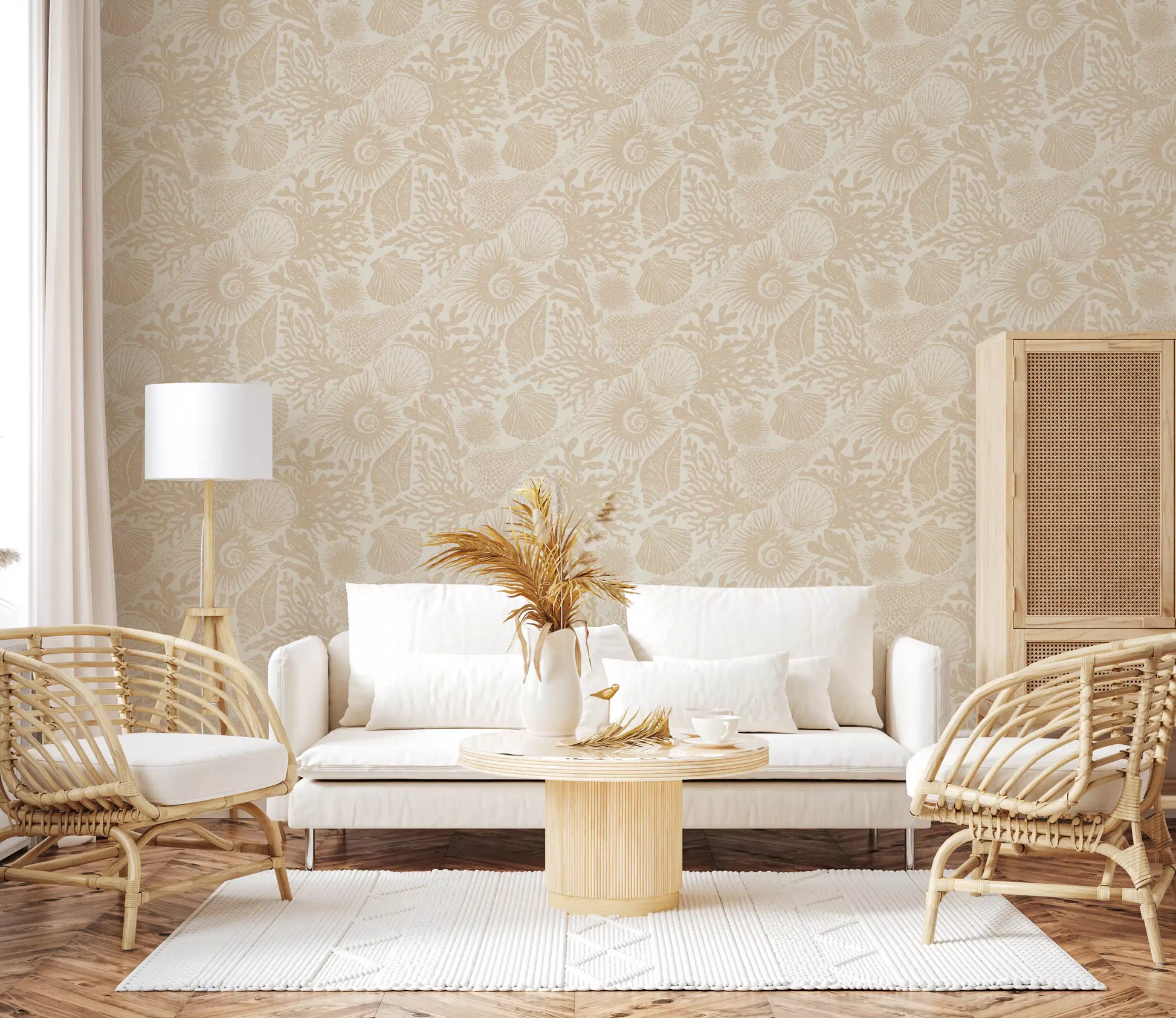 Seashell Coral Sand wallpaper in a Living room in warm beige on cream