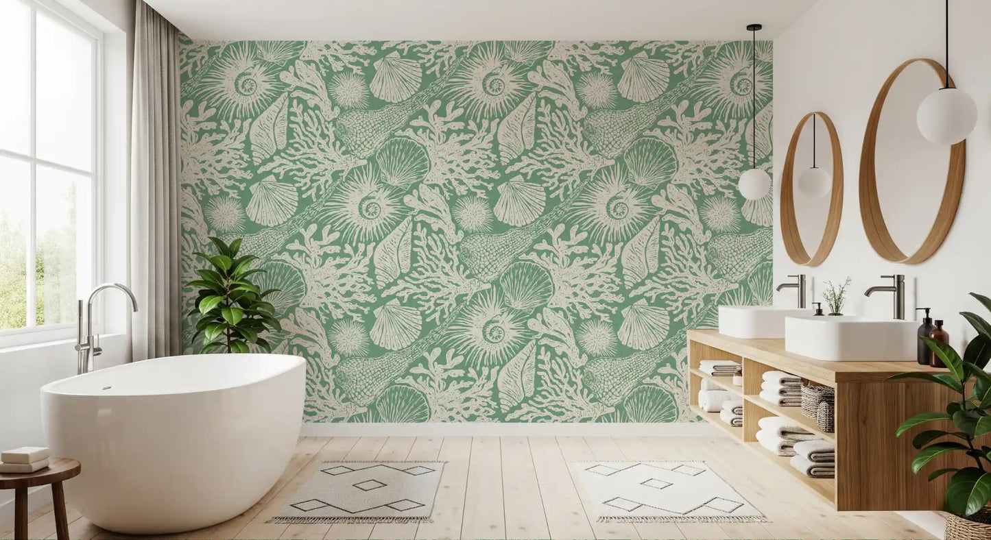 Ivory scallop shells and coral fans set against soft aqua green wallpaper