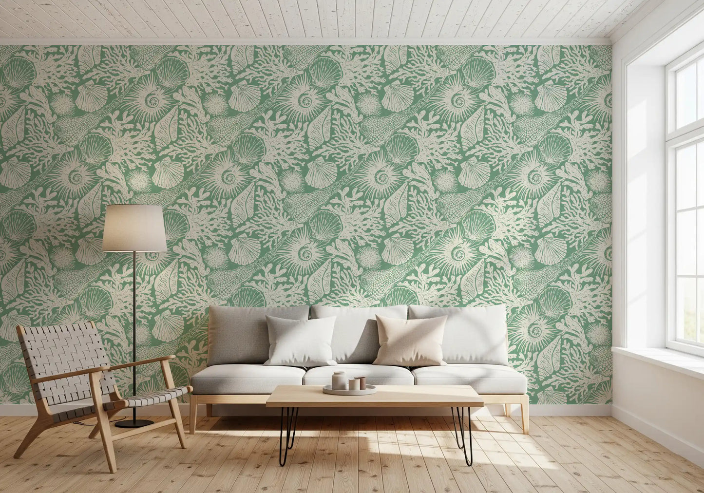 Living room paired with soft aqua green coral and seashell wallpaper
