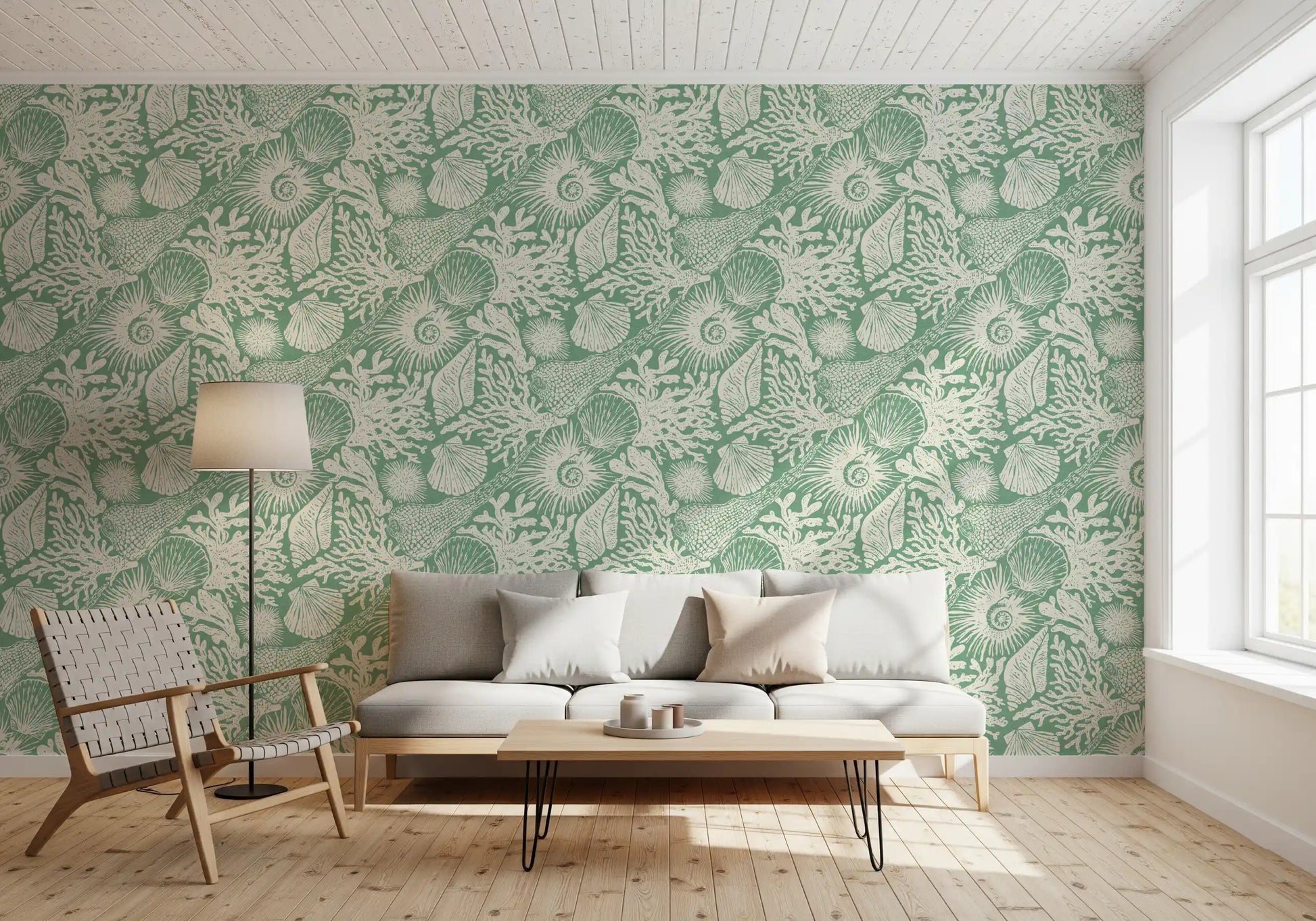 Living room paired with soft aqua green coral and seashell wallpaper
