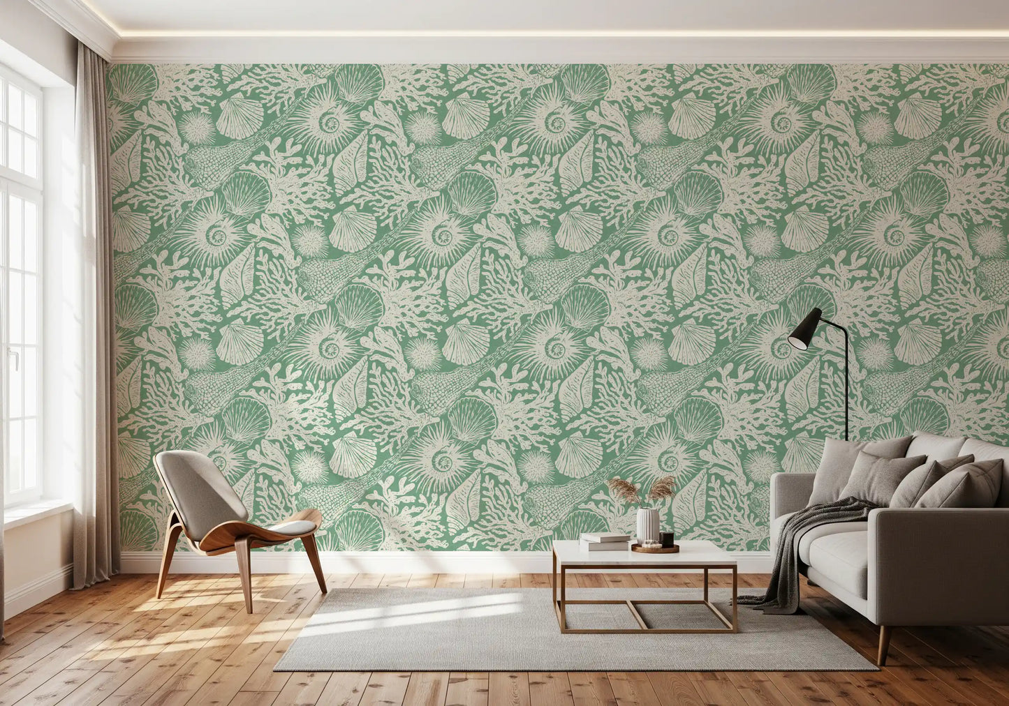 Hand-block boho seashell and coral motif on aqua green wallpaper