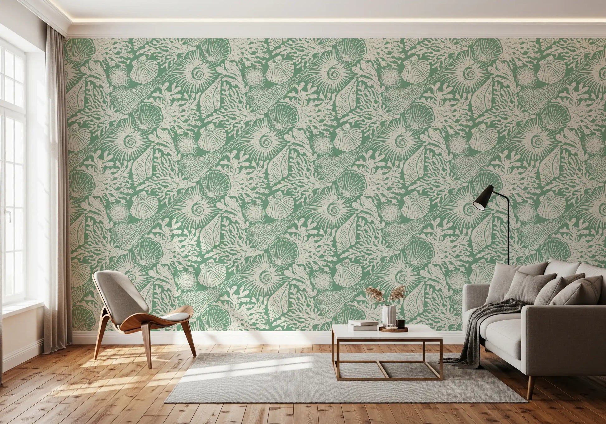 Hand-block boho seashell and coral motif on aqua green wallpaper