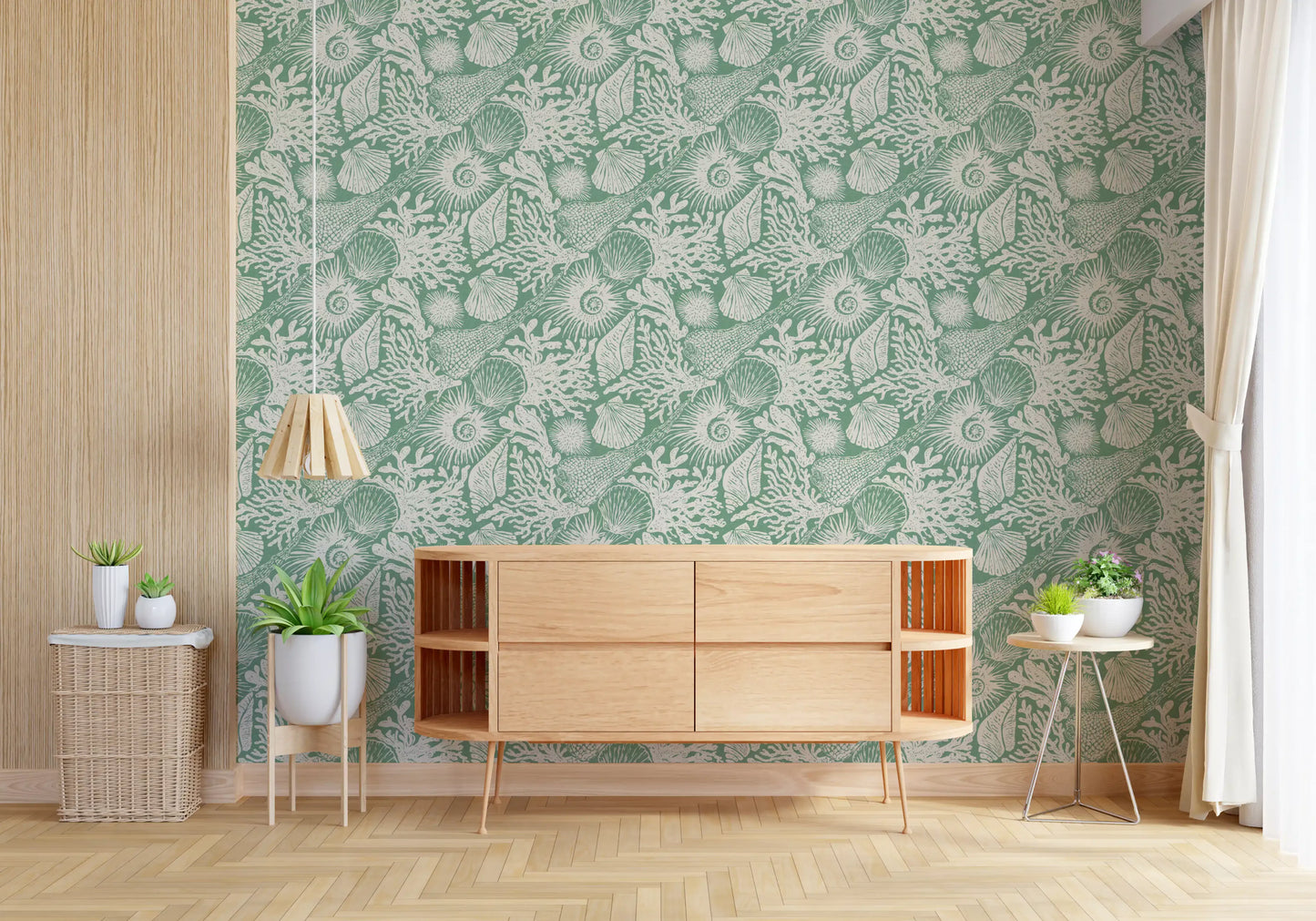 Calm hallway backdrops  in aqua green hand-block seashell wallpaper