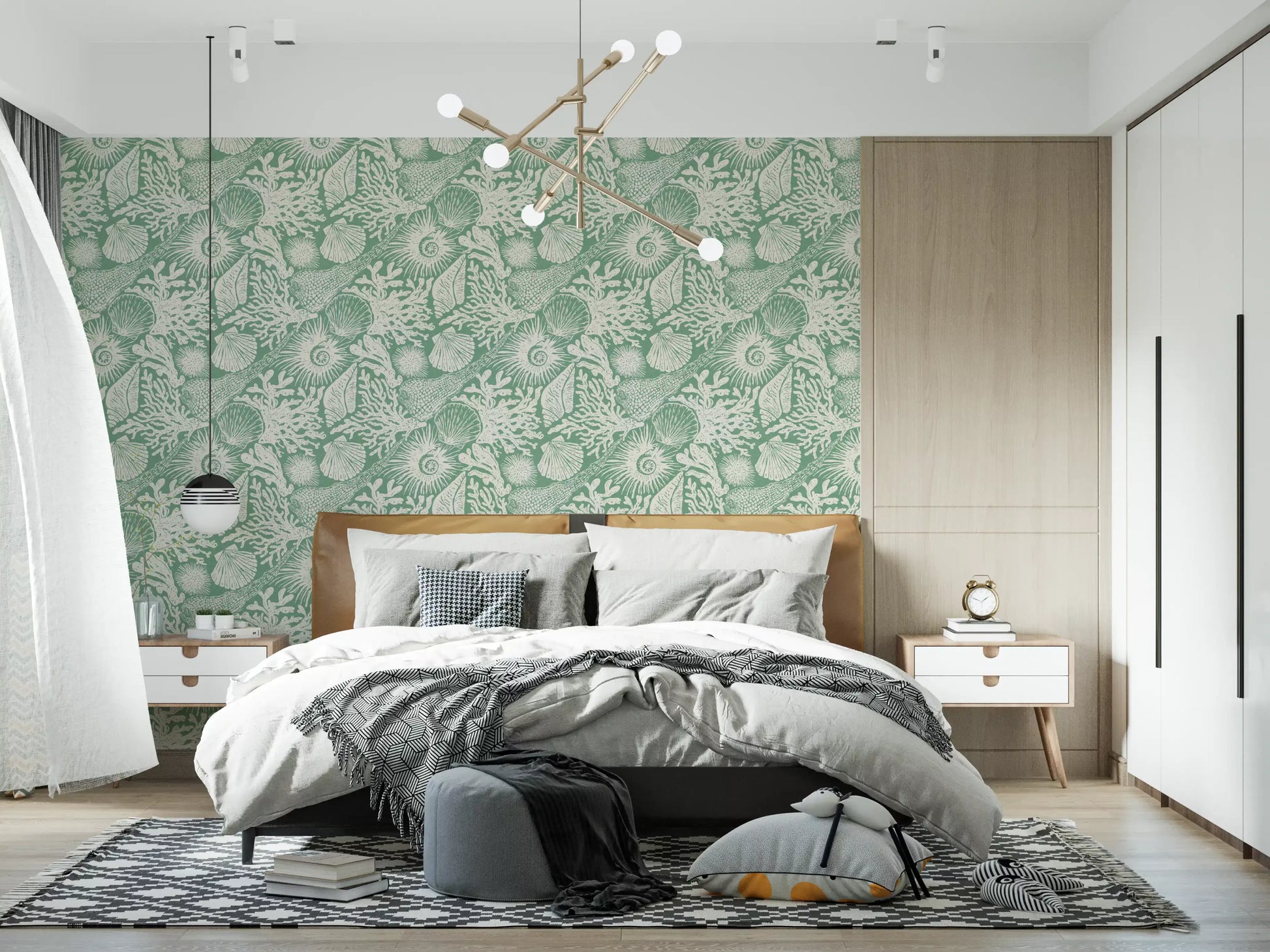 bedroom with boho seashell and coral aqua green wallpaper behind the table