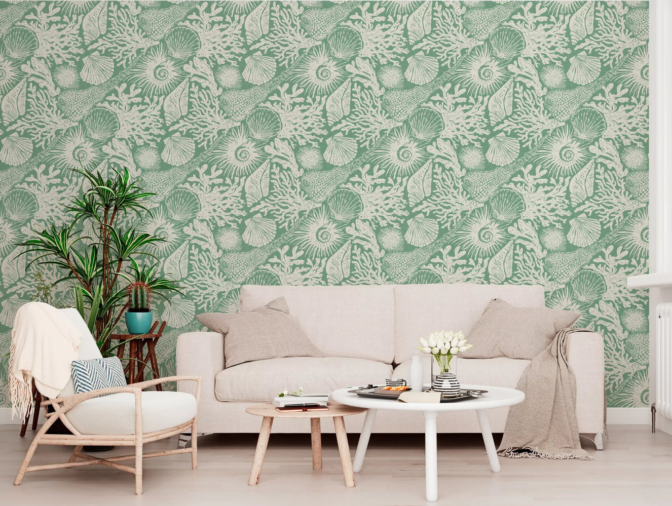 Sunlit living room feature with boho seashell and coral aqua green wallpaper