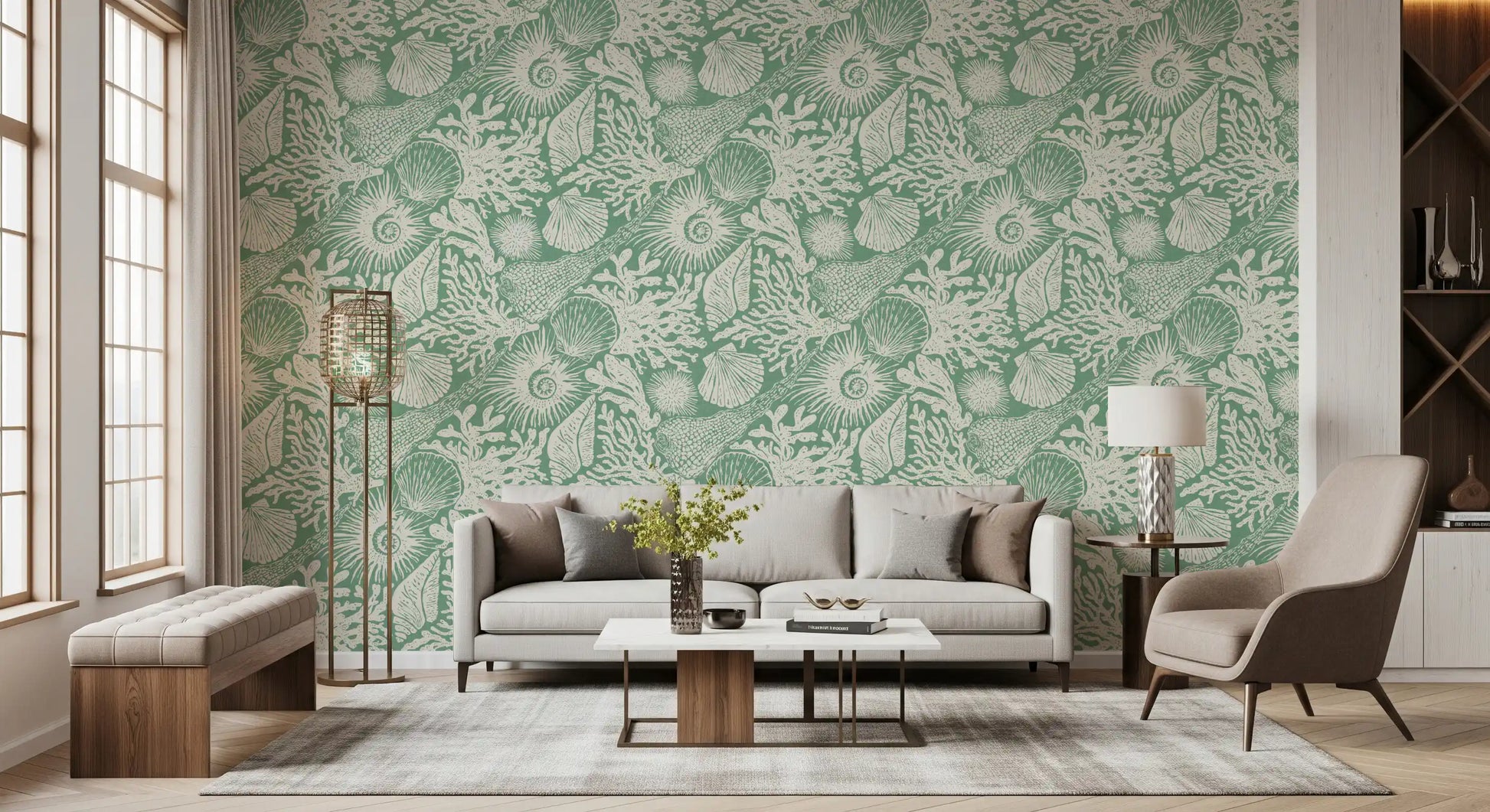 Bright Living room backed by boho coral and seashell aqua green wallpaper