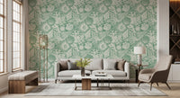 Bright Living room backed by boho coral and seashell aqua green wallpaper