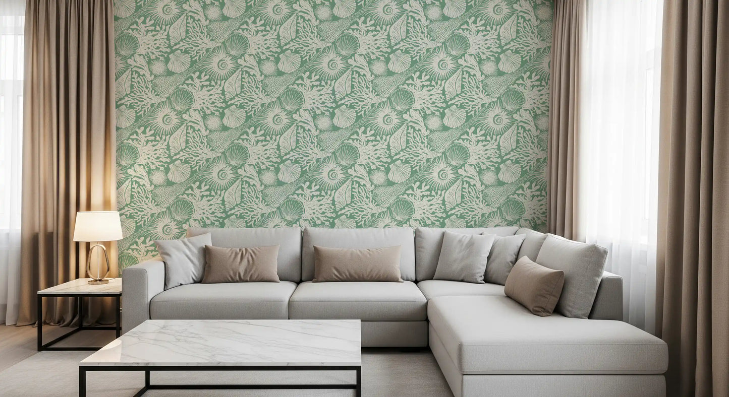 Linen-textured ground holding boho seashell and coral aqua green wallpaper