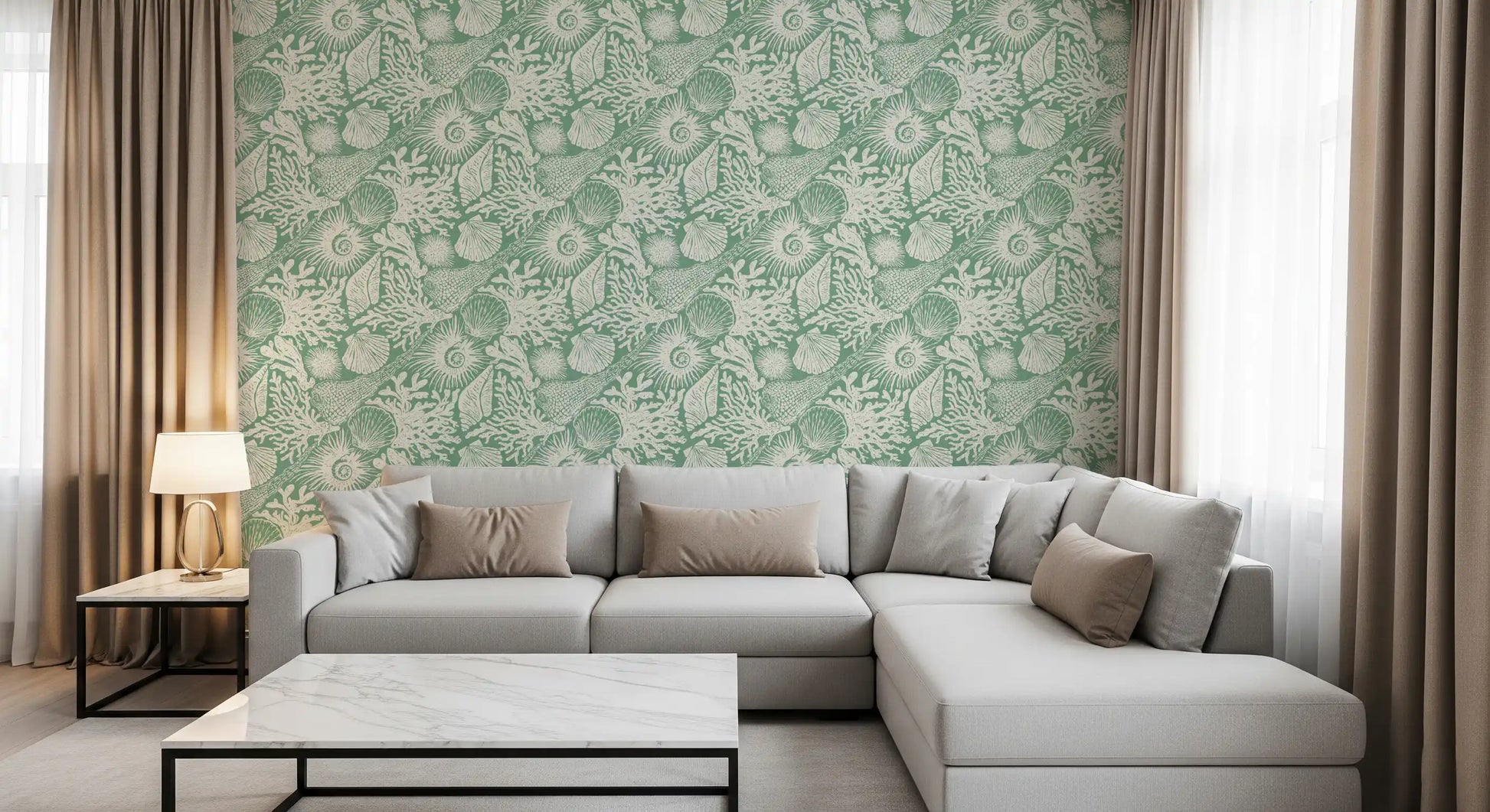 Linen-textured ground holding boho seashell and coral aqua green wallpaper