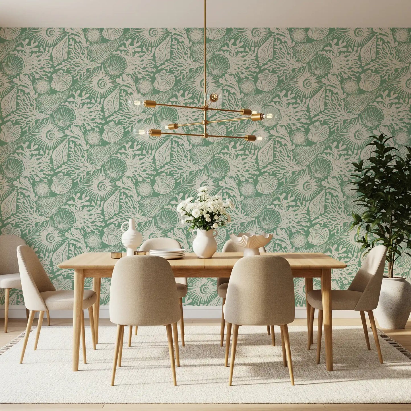 Close pattern view of ivory sea urchins and ammonite spirals on aqua green wallpaper