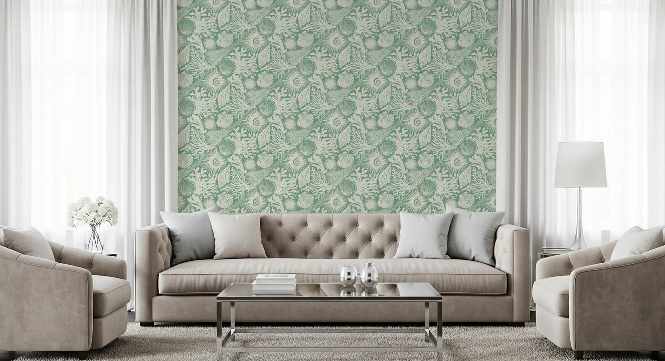 Boho Seashell & Coral Aqua Green Wallpaper⁠