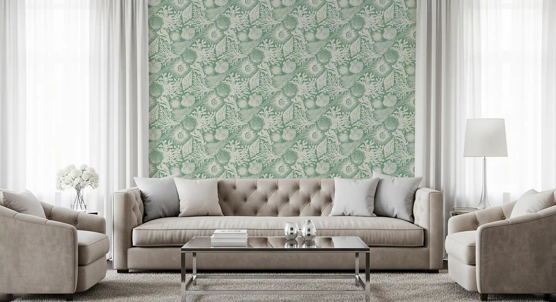 Cosy lounge corner styled in soft aqua green seashell wallpaper