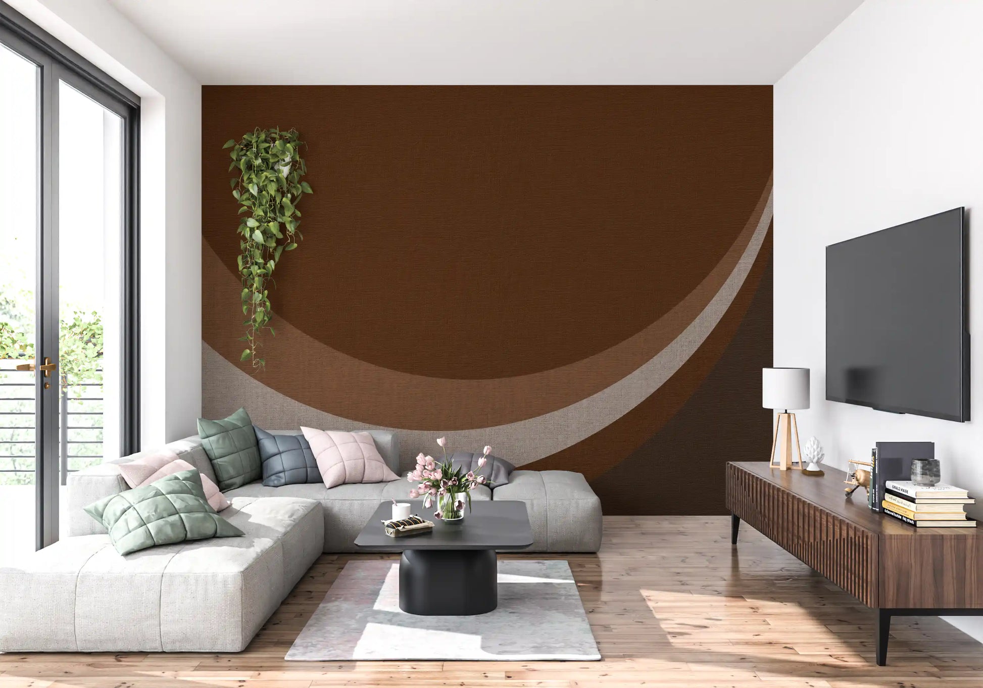 Living room paired with flowing Rhythm Waves wall mural in cocoa and cream