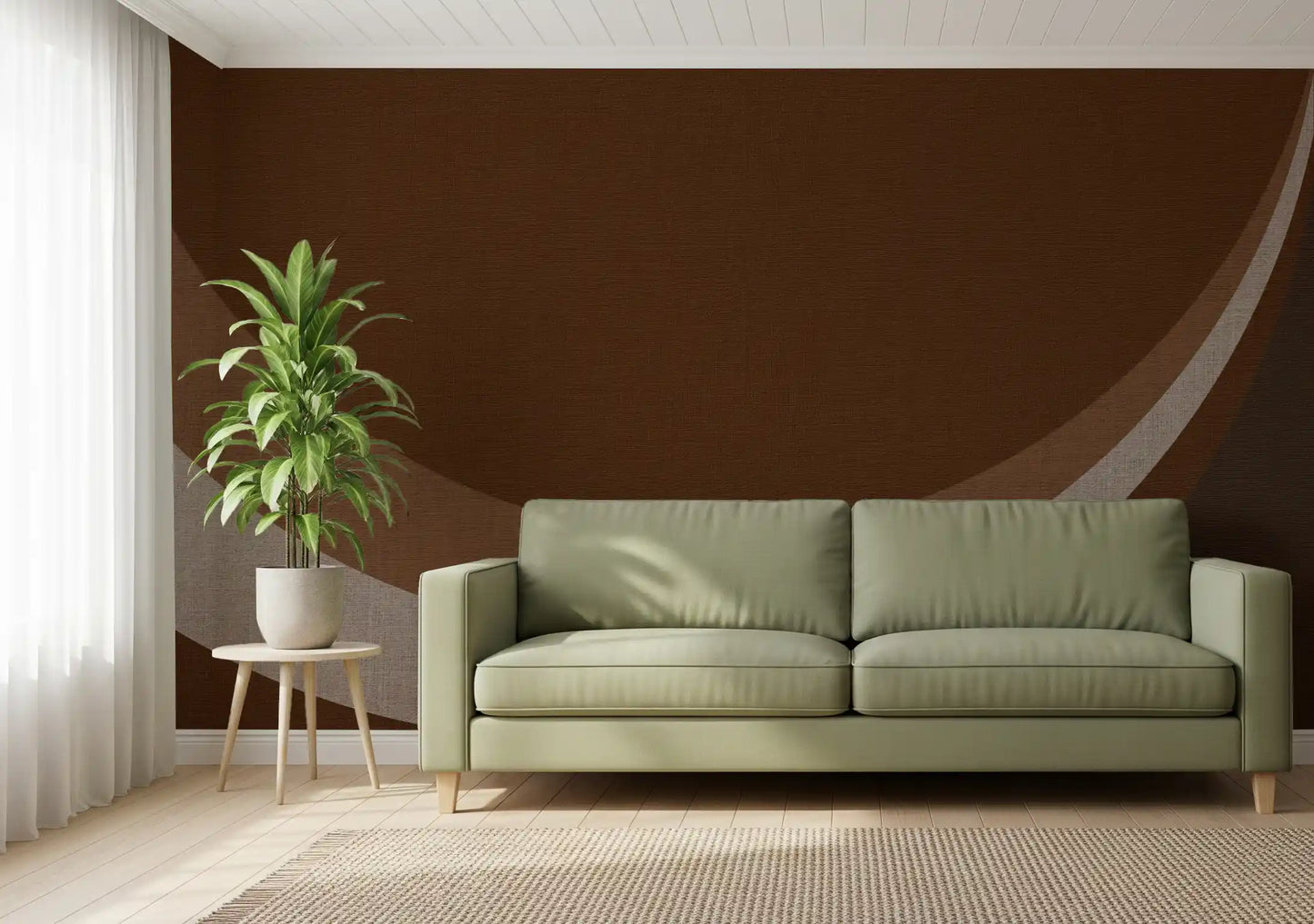 Lounge area featuring Cocoa Rhythm Waves abstract wall mural in soft brown