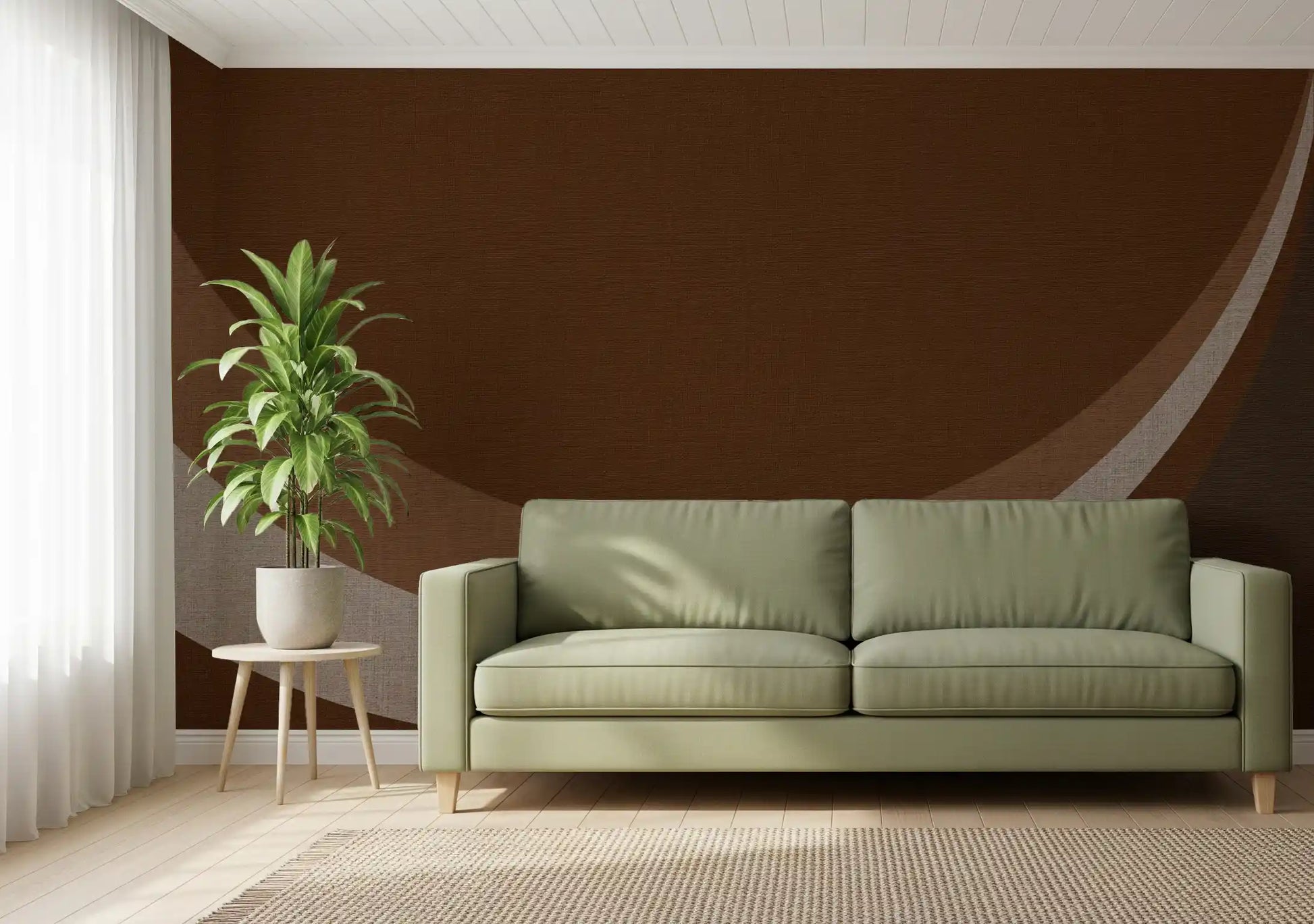 Lounge area featuring Cocoa Rhythm Waves abstract wall mural in soft brown