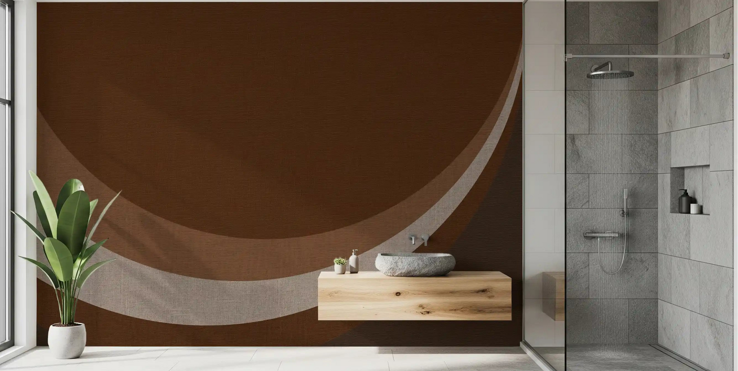 Bathroom showcasing Cocoa Rhythm Waves wall mural with brown curves and cream 