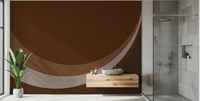 Bathroom showcasing Cocoa Rhythm Waves wall mural with brown curves and cream 