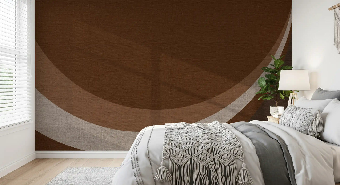 Bedroom showing curved Rhythm Waves wall mural in cocoa shades