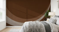 Bedroom showing curved Rhythm Waves wall mural in cocoa shades