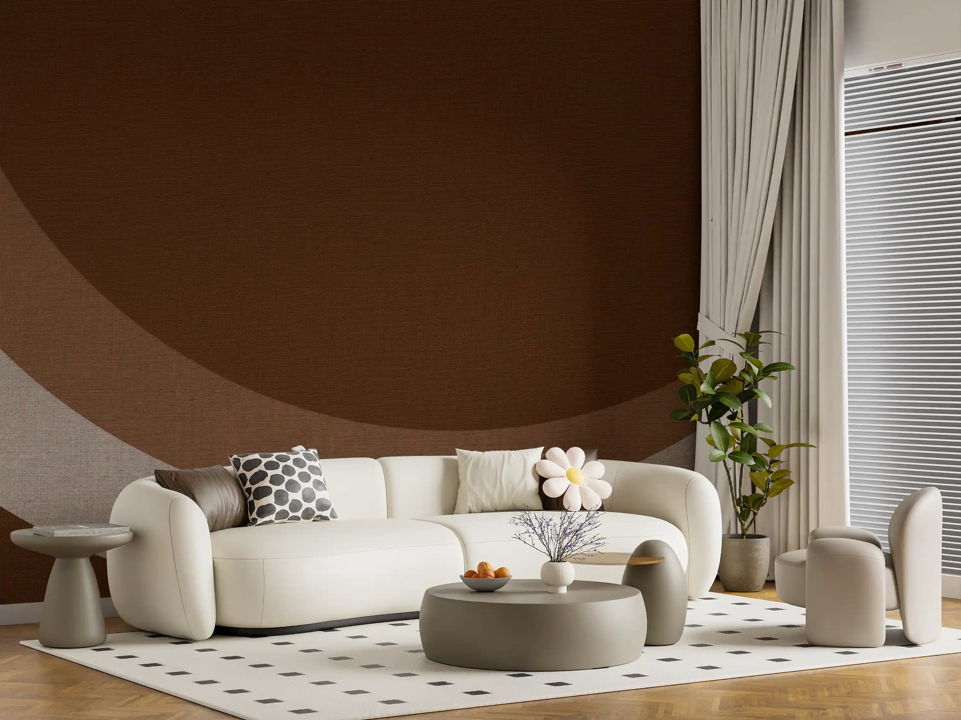 lounge finished in Cocoa Rhythm Waves geometric wall mural
