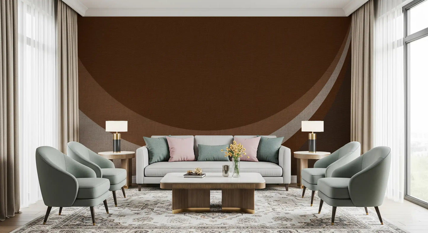 Curved cream arcs sweeping across Cocoa Rhythm Waves brown wall mural