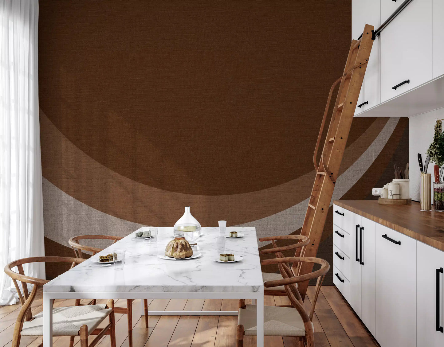 Kitchen and dining room styled in Cocoa Rhythm Waves wall mural with warm brown tones