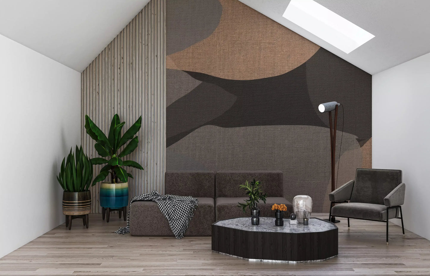 lunge area layers wall mural in muted brown and sepia tones