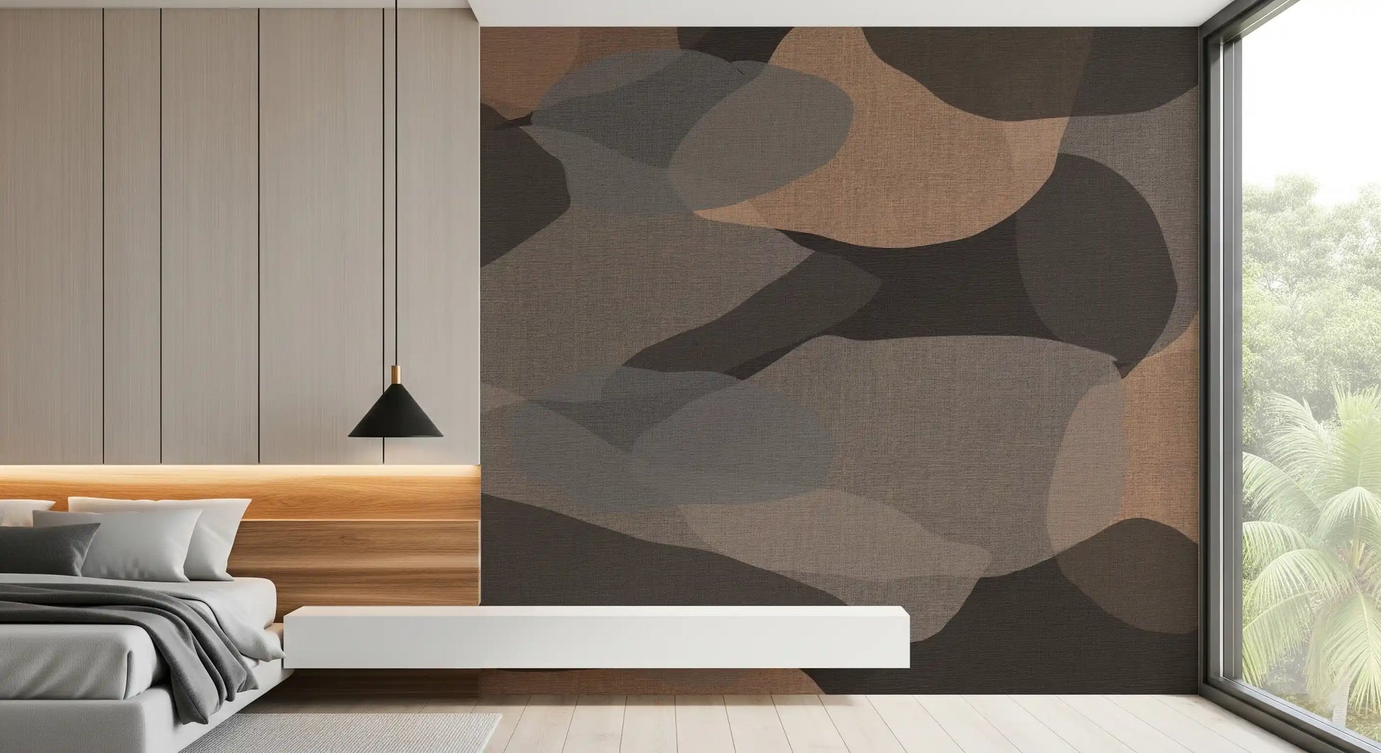 Bedroom Corner wall mural with overlapping organic shapes in brown and grey
