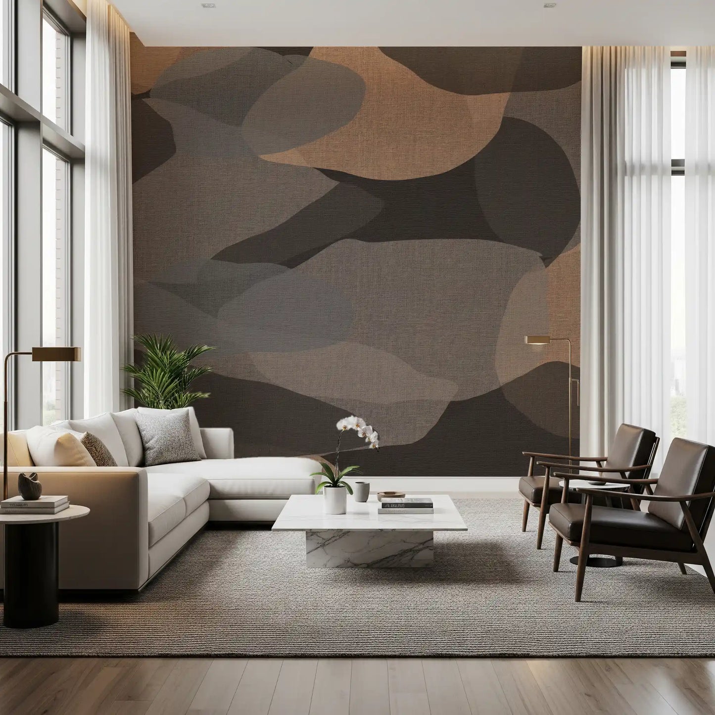 Living room earthy abstract geometry wall mural with woven linen-style texture