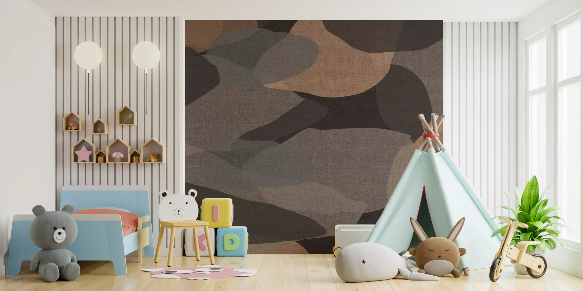 Pebble-like shapes overlap across the earthy organic layers wall mural surface