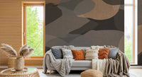 Warm brown and sepia forms flow through this abstract organic geometry wallpaper