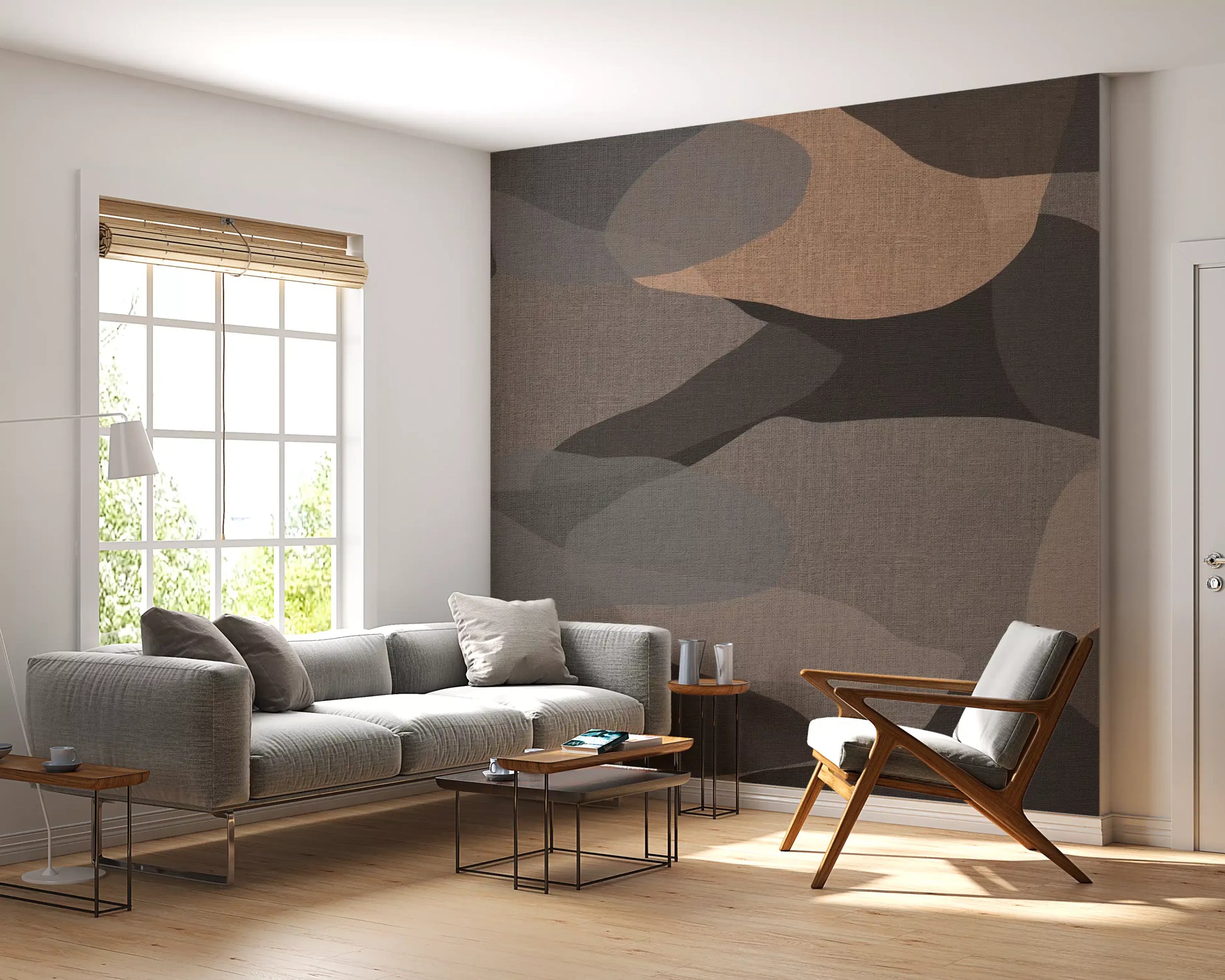 Woven linen-style texture sits beneath the earthy organic shapes wall mural