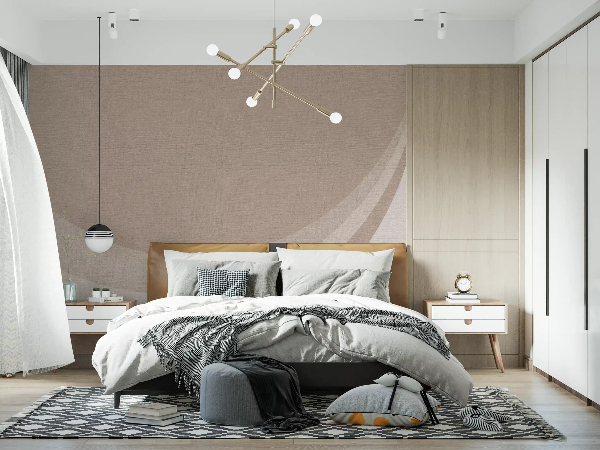 Warm beige tonal gradient flowing through ripple geometry wall mural design