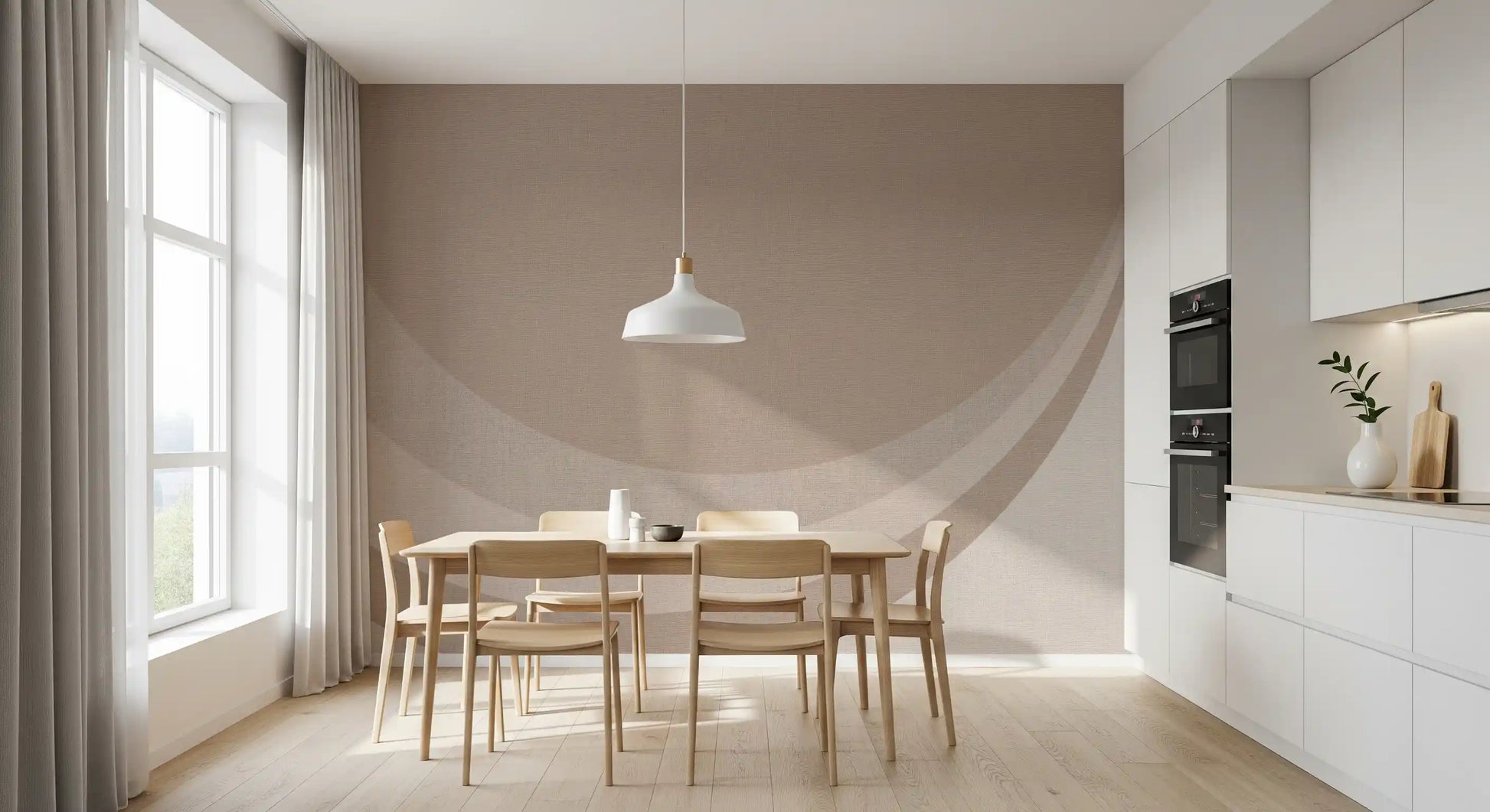 Kitchen and dining room backed by warm beige abstract geometry wall mural
