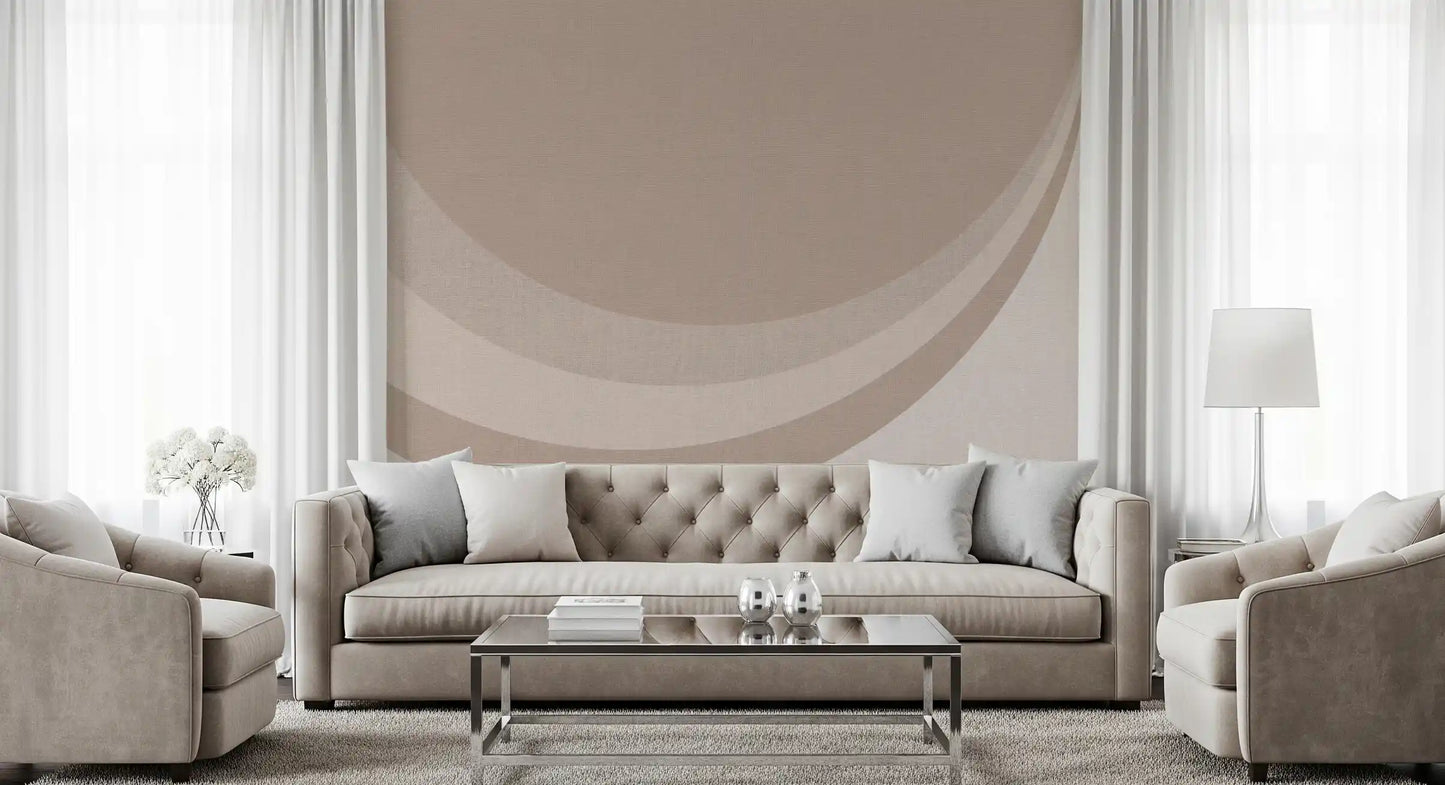 Minimal living room wears soft beige ripple geometry wall mural backdrop