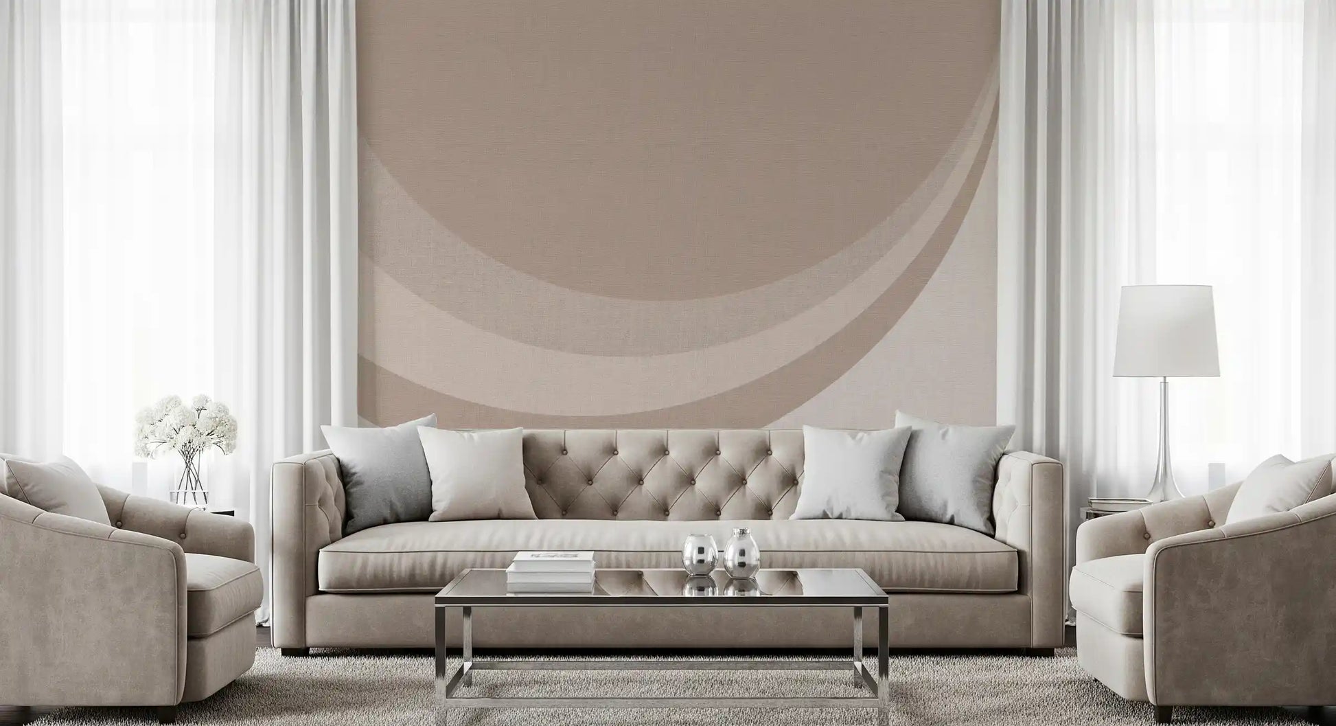 Minimal living room wears soft beige ripple geometry wall mural backdrop