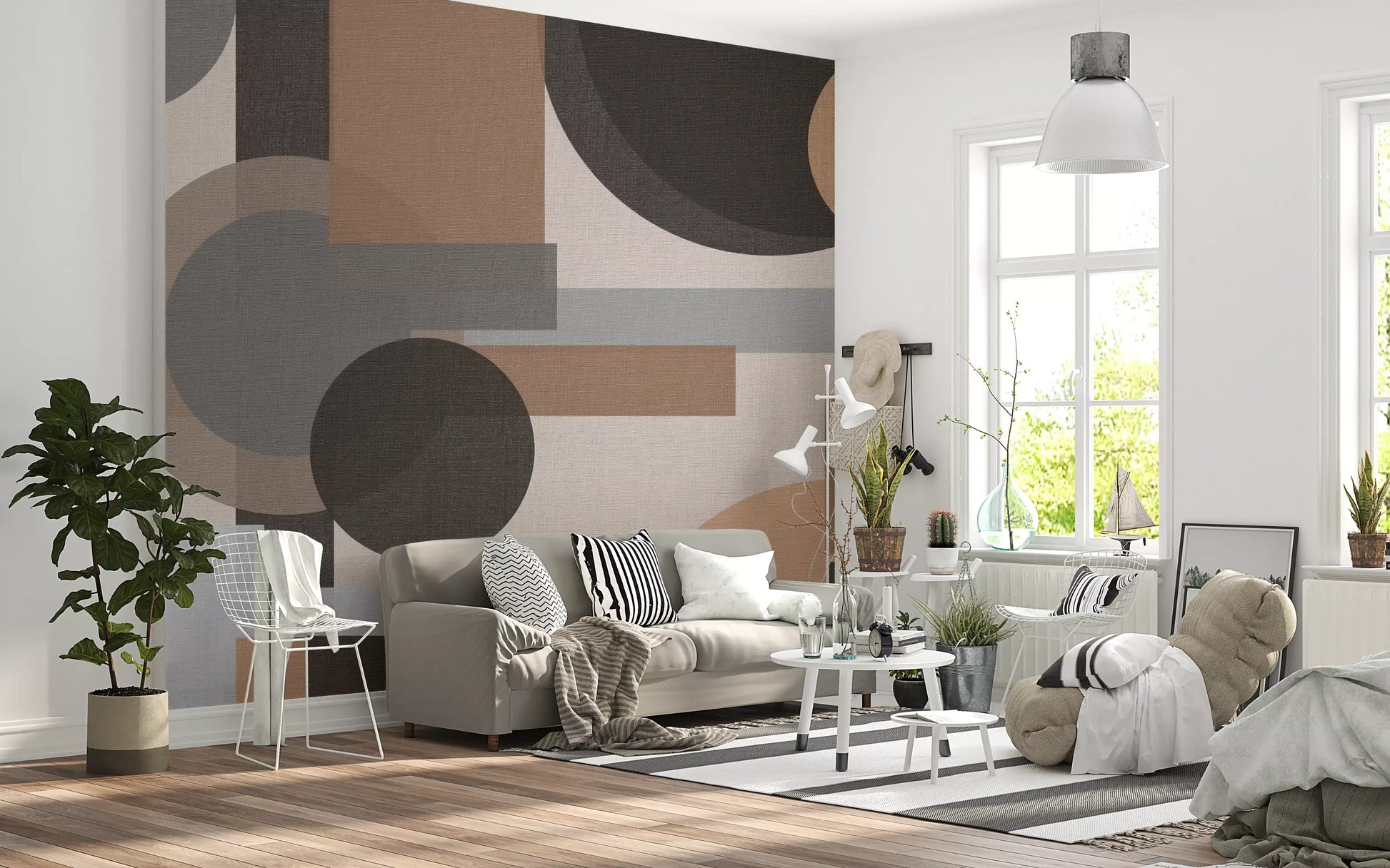 Earthy Geometric Harmony abstract wall mural with overlapping circles and rectangles