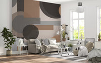 Earthy Geometric Harmony abstract wall mural with overlapping circles and rectangles
