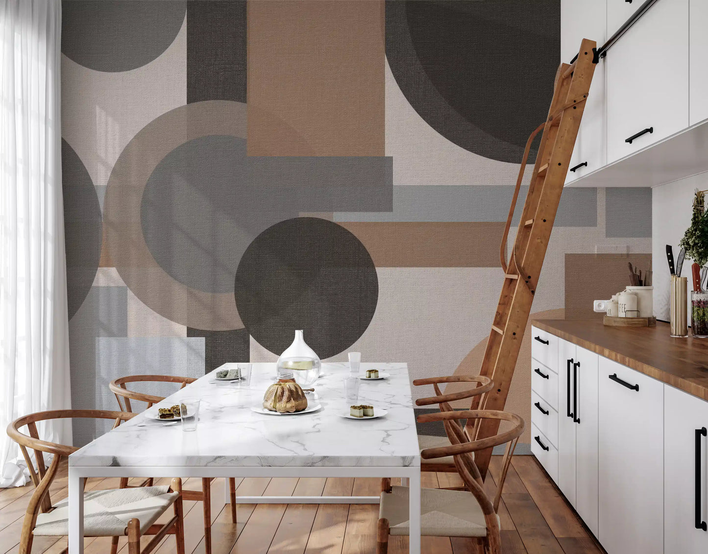 Kitchen-dining space featuring Earthy Geometric Harmony abstract wall mural backdrop
