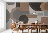 Dining room backed by Earthy Geometric abstract wall mural with circles and blocks