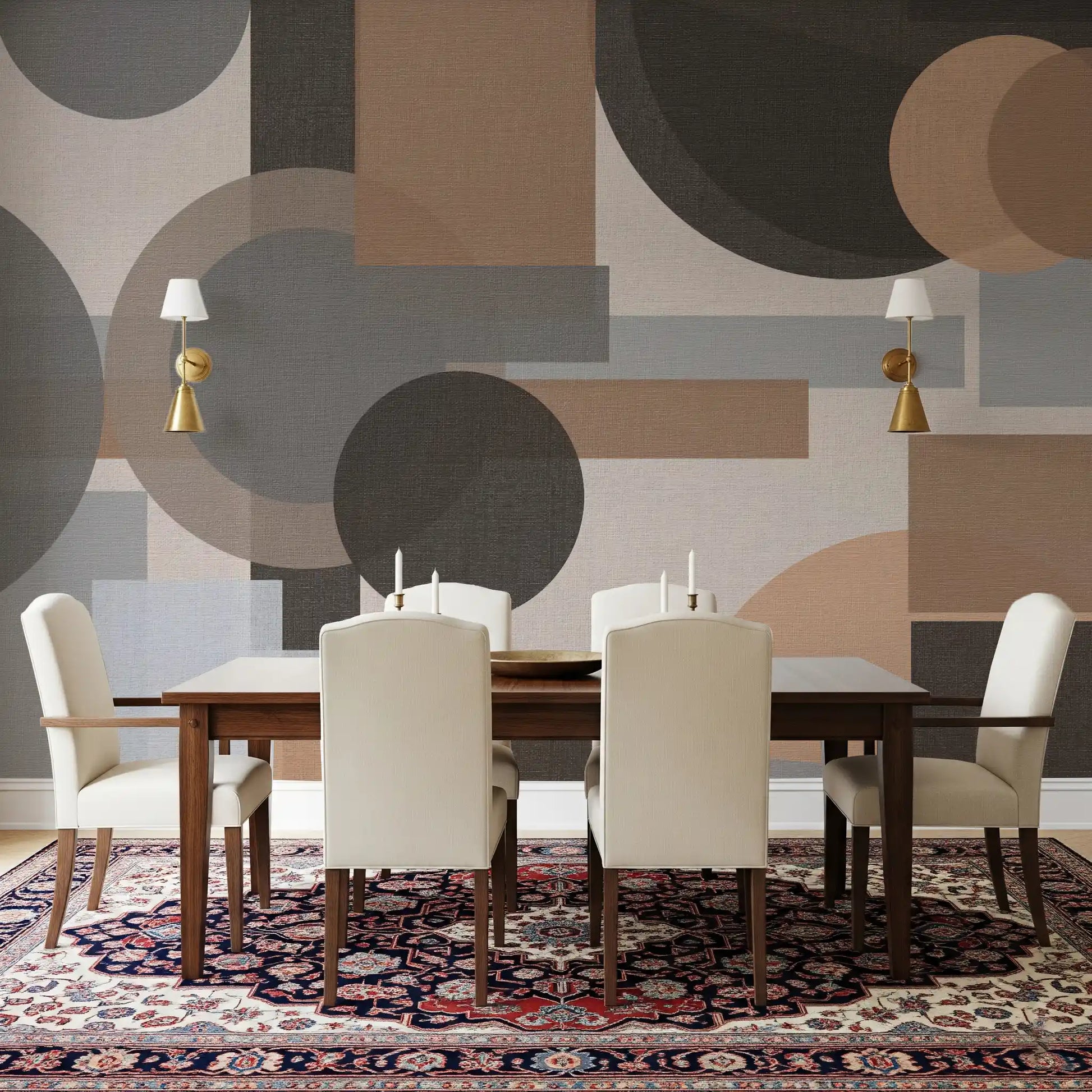 Detail of Geometric Harmony wall mural showing peach circles over charcoal blocks