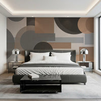 Bedroom wall mural showing Geometric Harmony abstract circles in earthy neutrals

