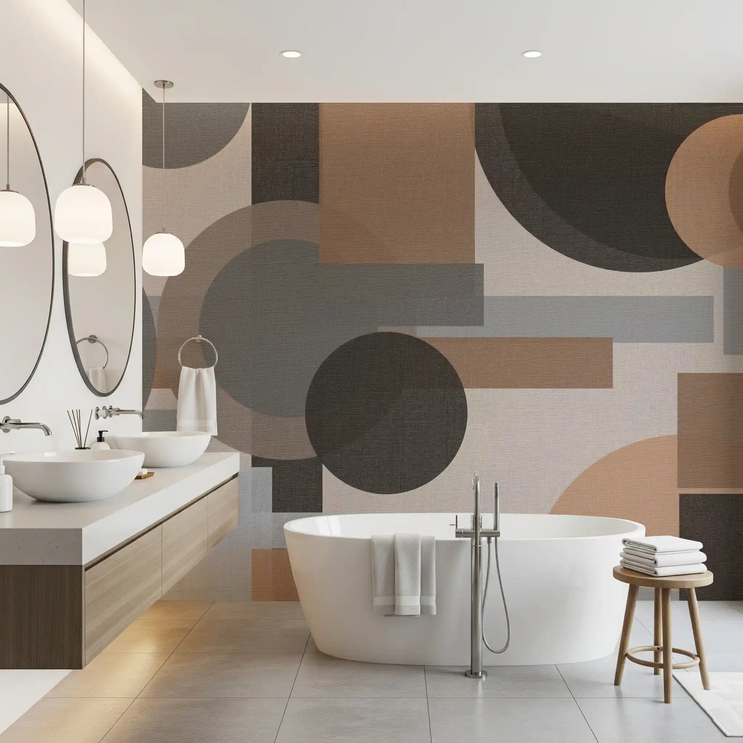 Linen-weave texture beneath Geometric Harmony abstract wall mural in earthy tones