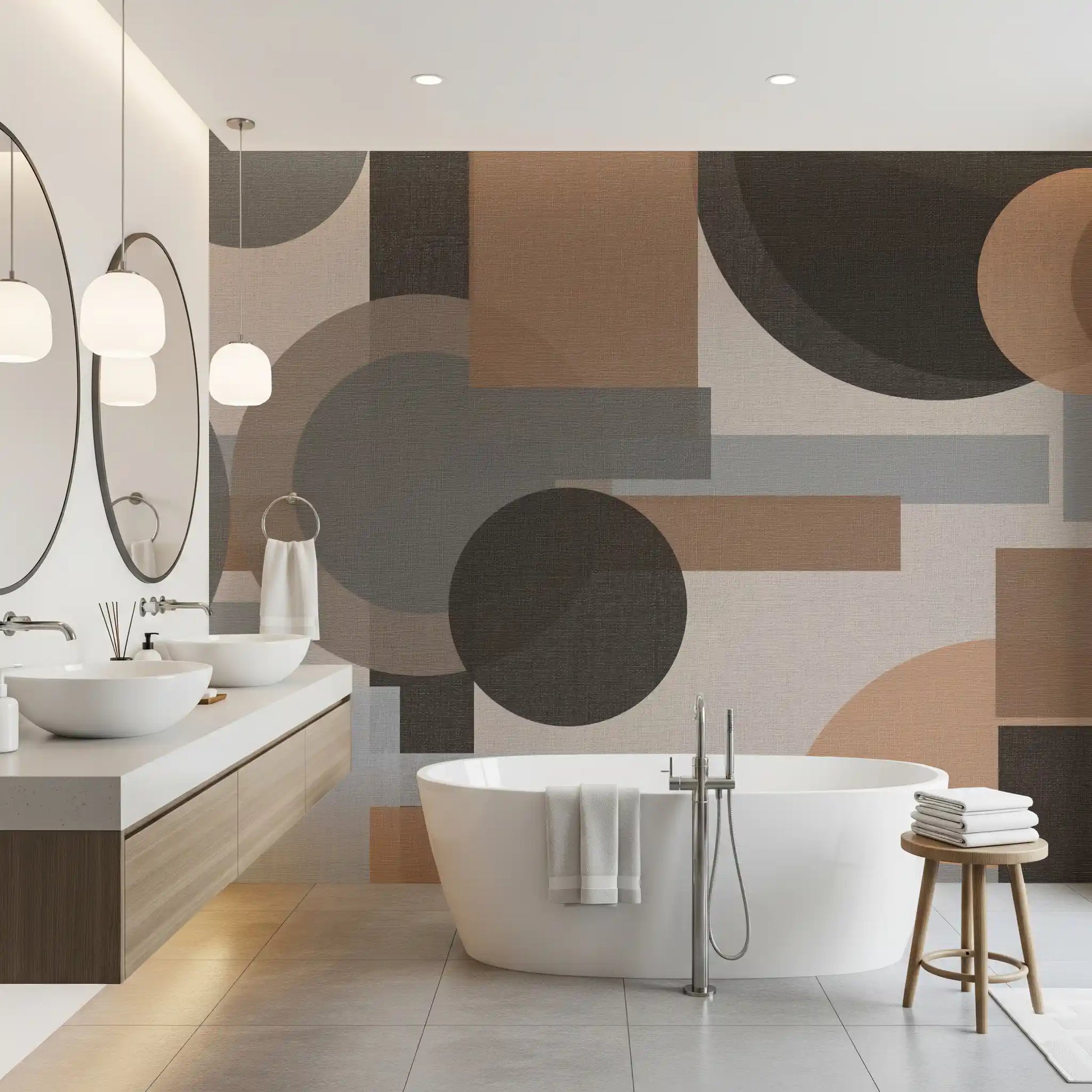 Linen-weave texture beneath Geometric Harmony abstract wall mural in earthy tones