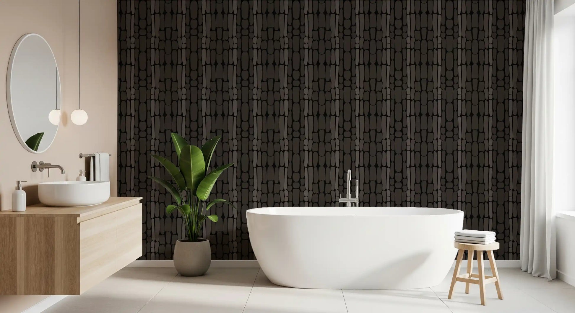 Detailed view of Stone Shapes wallpaper showing woven charcoal background