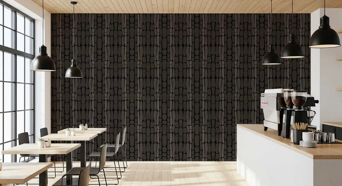 Café nook styled with Black Stone Abstract wallpaper in moody charcoal
