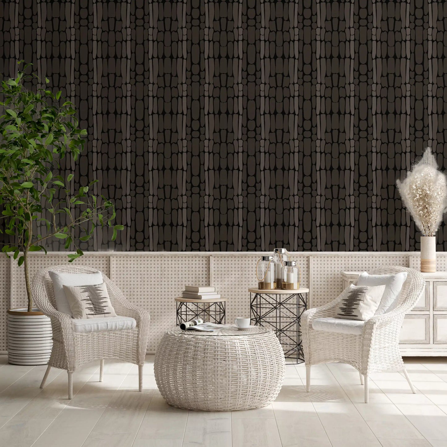Lounge area featuring Textured Stone Shapes wallpaper in graphite and ebony