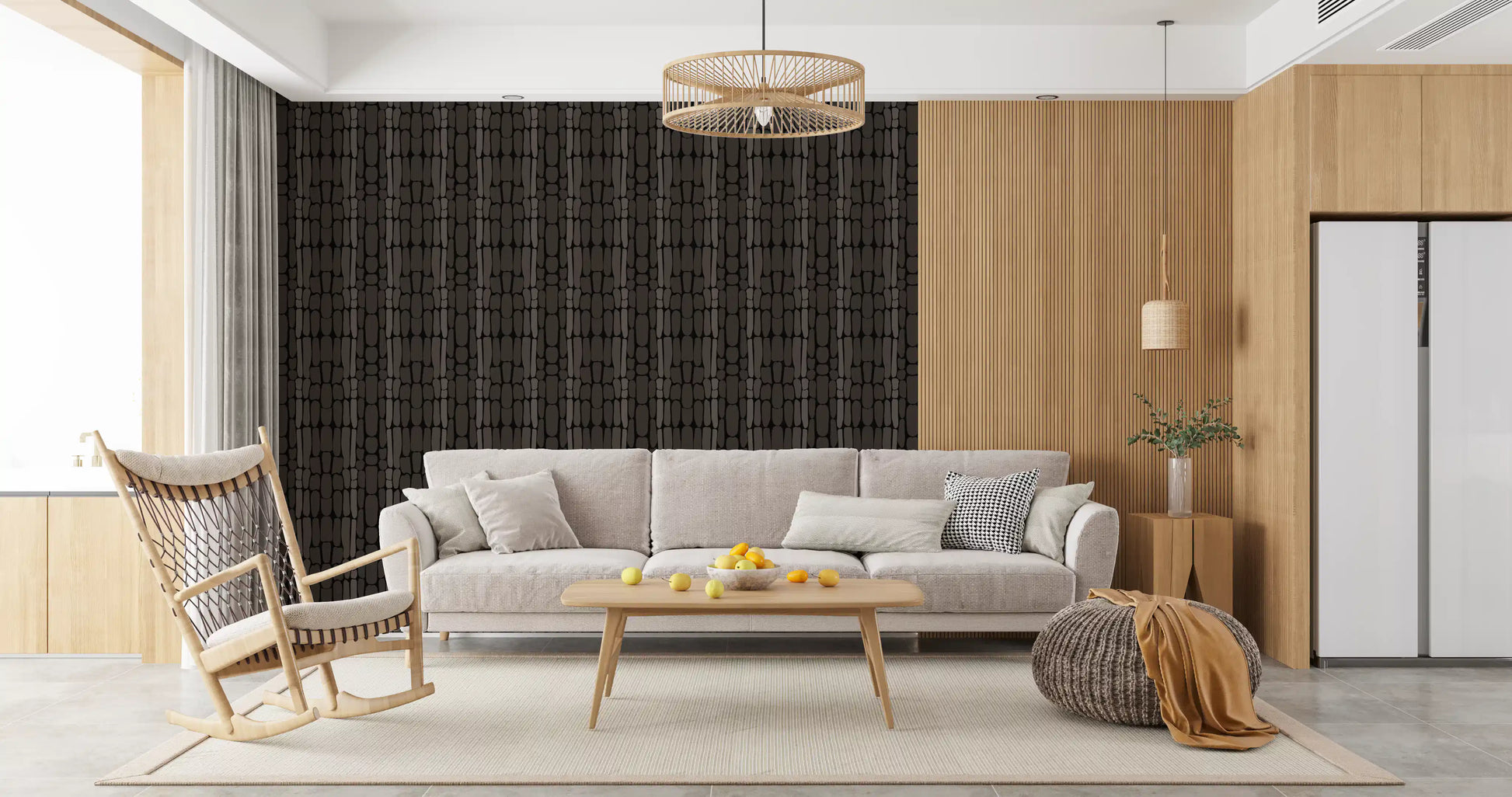 Home office accent showing Textured Stone Shapes wallpaper in dark tones