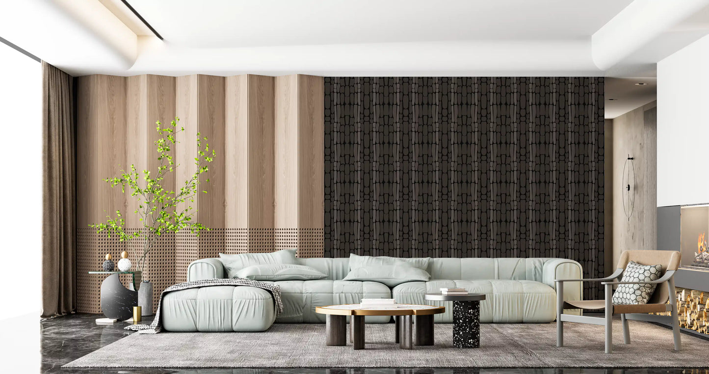 Vertical stone-like forms in Black Abstract Shapes wallpaper with graphite tones