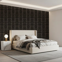 Bedroom backdrop showing Black Stone Shapes abstract wallpaper in deep black